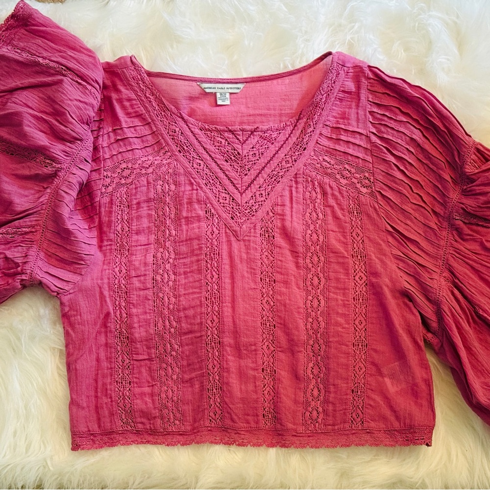American Eagle, gauze bell sleeve Pink embroidered Top XS